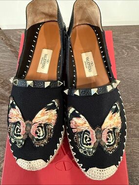 Valentino Black Espadrille Mules with Multicolor Butterfly Embroidery